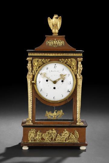 Attractive J. Staub, Vienna, Mantel Clock: Attractive J. Staub, Vienna, Mantel Clock, second quarter 19th century, composed of gilt-brass- and giltwood-mounted fruitwood in the Biedermeier style, of glazed pavilion form, the canopy surmounted 