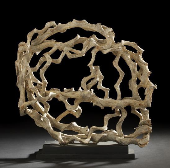 Large Ovoid Sculpture of Interlaced Sea Vines: Large Ovoid Sculpture of Interlaced Sea Vines, presented on an oblong stepped matte black-painted wood display stand, h. 23", w. 23-1/4", d. 8-1/4".