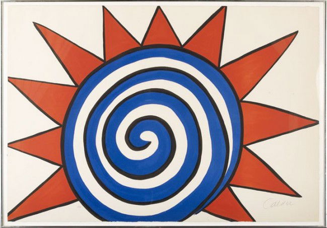 Alexander Calder (American/New York, 1898-1976): Alexander Calder (American/New York, 1898-1976) "Spiral Sun", color lithograph, numbered in pencil lower left "28/75", signed in pencil lower right "Calder", sheet 29-1/2" x 43". Glazed and framed.