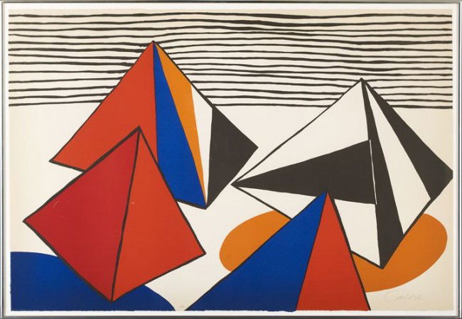 Alexander Calder (American/New York, 1898-1976): Alexander Calder (American/New York, 1898-1976) "Pyramids in a Landscape", color lithograph, numbered in pencil lower left "15/75", pencil signed lower right "Calder", sheet 29-1/2" x 43-1/2". Glazed