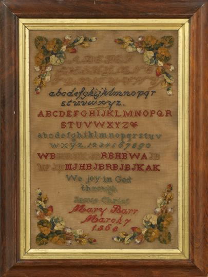 Large "Alphabet and Motto" Embroidered Sampler: Good, Large "Alphabet and Motto" Embroidered Sampler, by Mary Barr, dated March 7, 1868, presented in a good "lemon-gilt" wood fillet within a period rosewood frame in the neoclassical taste and glaze
