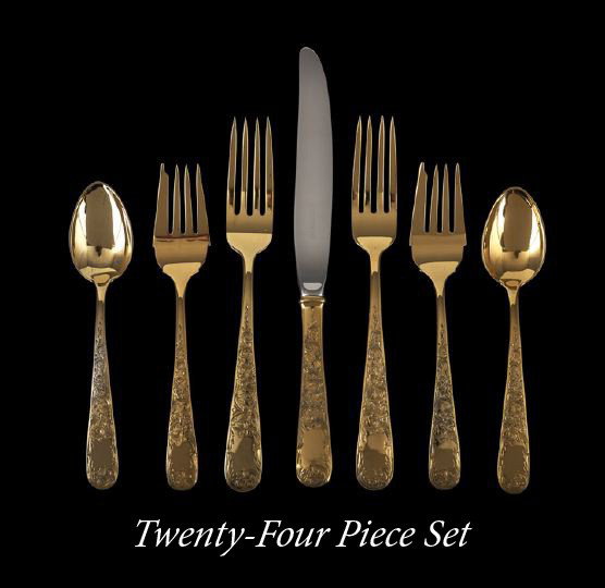 24 Pieces of Kirk "Old Maryland" Gilt Flatware: Twenty-Four-Piece Set of Kirk "Old Maryland Engraved" Sterling Silver Gilt Flatware, the pattern introduced in 1936, Baltimore, Maryland, complete for six persons, including six each of dinner forks, 