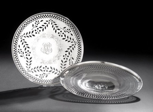 Two American Sterling Silver Sandwich Plates: Two American Sterling Silver Sandwich Plates, first quarter 20th century, both of circular form raised on a simple foot-ring, one by the Roger Williams Silver Co., Providence, Rhode Island, with retic