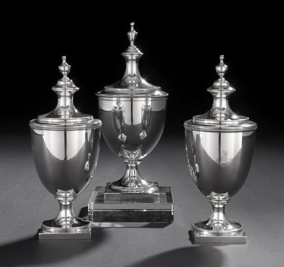 3 Tiffany & Co. Federalist-Style Sterling Urns: Three Tiffany & Co. Federalist-Style Sterling Silver Sugar Urns, second quarter 20th century, New York, part of Tiffany's line of important reproduction silverware, including one of the 1917 pattern a