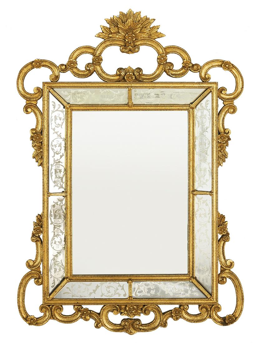 Giltwood Mirror in the Venetian Rococo Taste: Giltwood Mirror in the Venetian Rococo Taste 20th century, the surround set with scroll-engraved mirror segments framed with giltwood, decorated with beaded edges, the crest decorated with scrollwork 