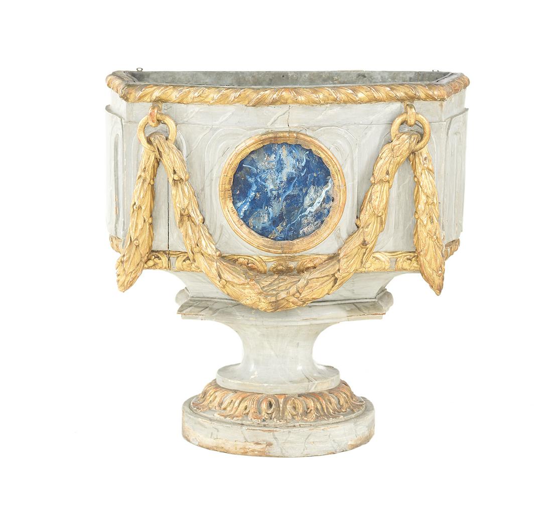 Italian Baroque-Style Faux Marbre Jardiniere: Large Italian Baroque-Style Parcel-Gilt and Faux Marbre Jardiniere ca. 1900, the serpentine body painted with gray faux marbre with a central roundel framed with a laurel swag, and supported on a cove
