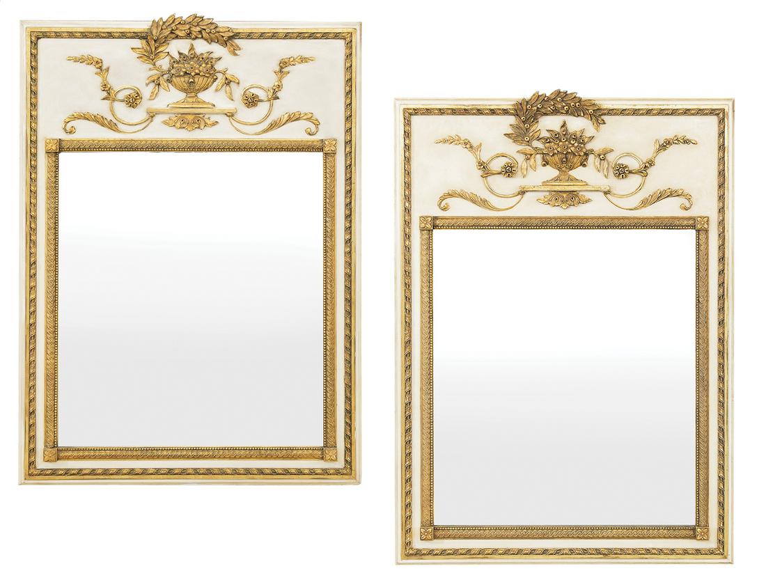 Pair of D. Milch, New York, Trumeau Mirrors: Pair of D. Milch, New York, Painted and Parcel-Gilt Trumeau Mirrors in the French neoclassical taste, the tablets decorated with urns of flowers and laurel branches framed with scrollwork, leaves and