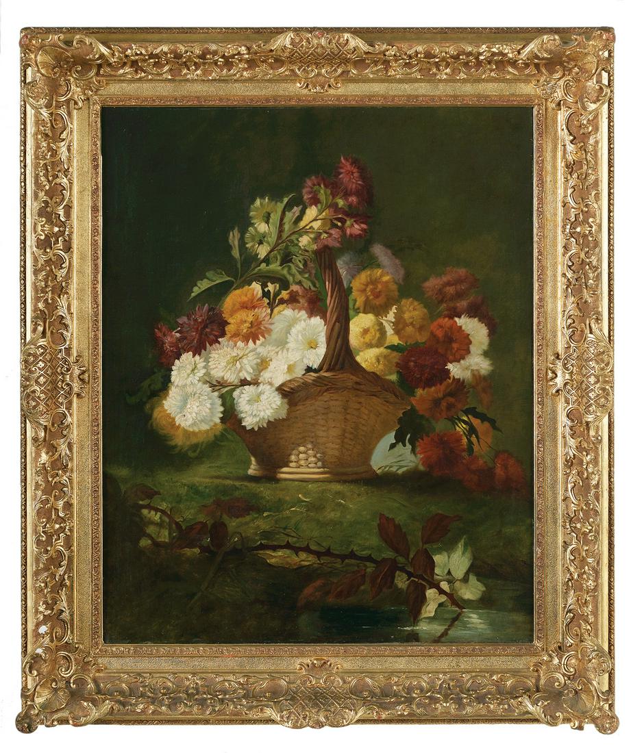 Continental School (Fourth Quarter 19th Century): Continental School (Fourth Quarter 19th Century) "Floral Still Life in a Basket" oil on canvas unsigned. Framed. 36-3/4" x 29", framed 46" x 39"