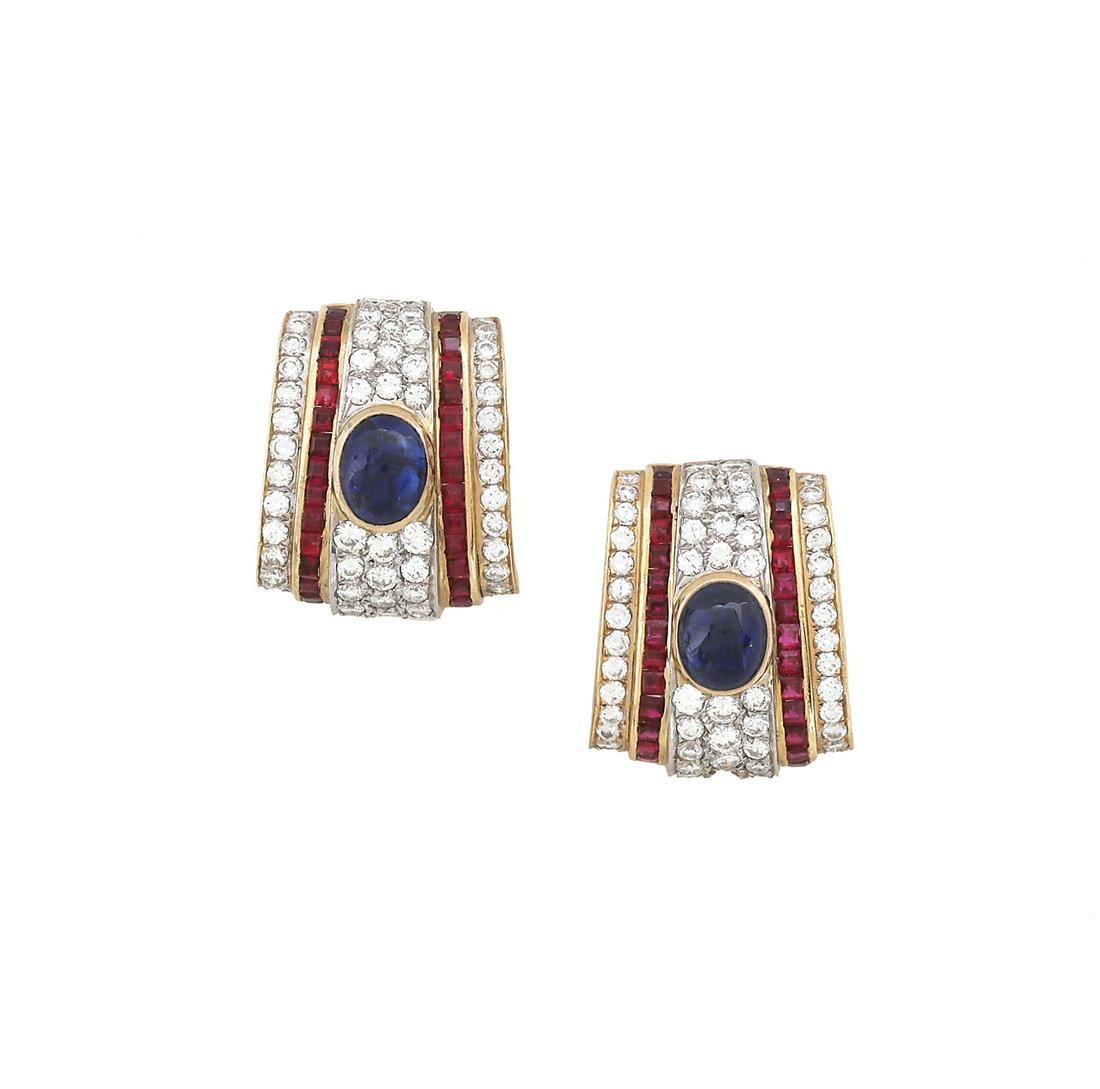 Pair of Sapphire, Diamond and Ruby Earrings (1 of 1)