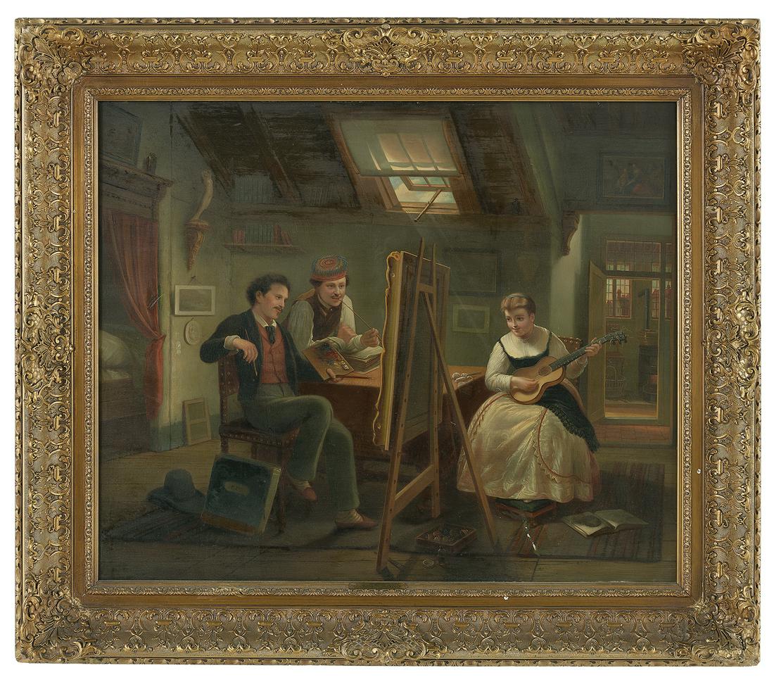 Josef Cornelius Correns (Flemish, 1814-1907): Josef Cornelius Correns (Flemish, 1814-1907) "The Amateur Artist's Studio", 1869 oil on cradled wood panel signed and dated mid-left on bed frame, initialed lower left on portfolio. Framed. 25" x 31",