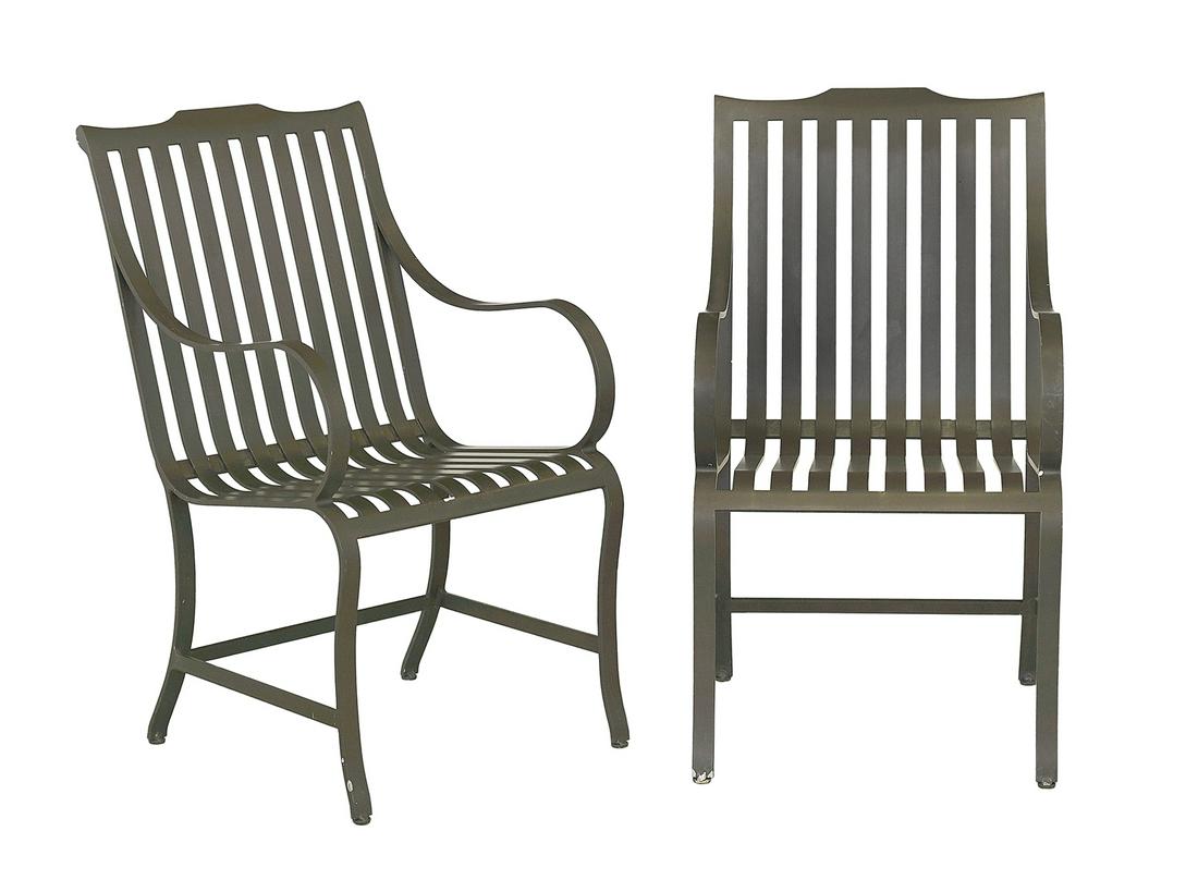 Pair of McKinnon and Harris "McNeil" Armchairs: Pair of McKinnon and Harris "McNeil" Armchairs each aluminum chair of neoclassical inspiration, with curved back slats continuing to form the seat, open arms and shaped legs joined by a U-form stretch