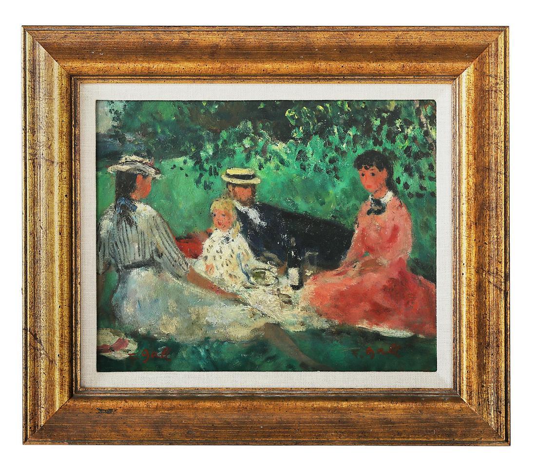 Francois Gall, (French, 1912-1987): Francois Gall (French, 1912-1987) "The Picnic" oil on board signed lower right and lower left, a "Arthur Lenars & Cie, Paris, France" label en verso. Framed. 9" x 11", framed 12-1/4" x 14-1/4" Provena