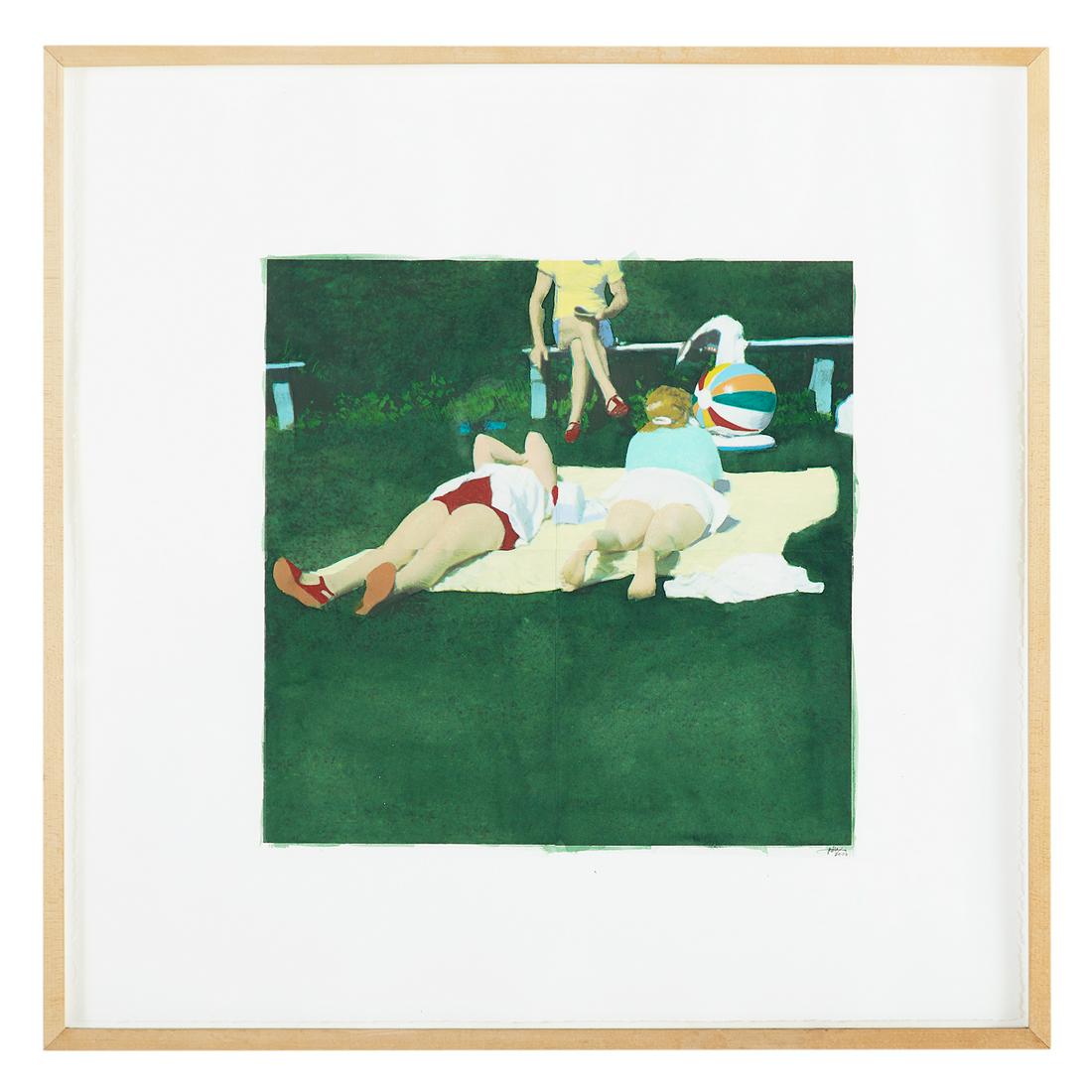 Isca Greenfield-Sanders (American, b. 1978): Isca Greenfield-Sanders (American, b. 1978) "Grassy Beach (Yellow Shirt)", 2006 mixed media gouache with color pencil on paper signed and dated lower right, verso with "Goff + Rosenthal, New York, New