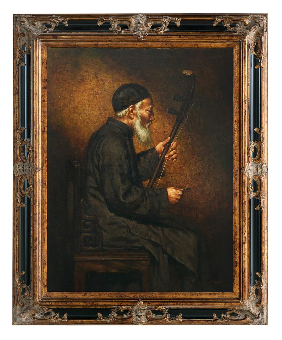 Jie-Wei Zhou (Chinese, b. 1962): Jie-Wei Zhou (Chinese, b. 1962) "The Musician" oil on canvas signed and inscribed lower right. Framed. 40" x 30", framed 50-3/4" x 40-3/4"
