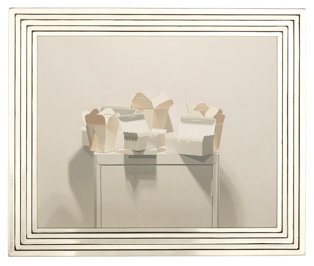 Harold Reddicliffe (American, b. 1947): Harold Reddicliffe (American, b. 1947) "Still Life with Boxes and Cartons II", 1980 oil on canvas signed and dated en verso. Framed. 24" x 30", framed 30-1/4" x 36-1/2" Provenance: Watson/de Nagy & Co