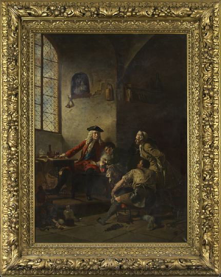 Johann Paul Adolf Kiessling (German, 1836-1919): Johann Paul Adolf Kiessling (German, 1836-1919) "Discovery at Meissen: Bottger Revealing to August the Strong the Method of Producing Porcelain", oil on canvas, unsigned, verso with labels from "The U