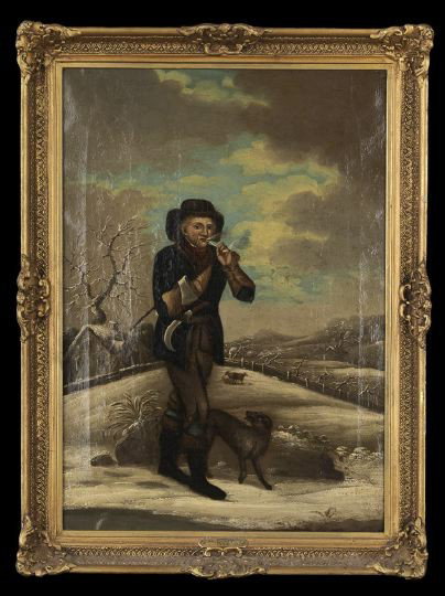 Dutch School (Fourth Quarter 18th Century): Dutch School (Fourth Quarter 18th Century) "Hunter Smoking His Pipe in a Winter Landscape", oil on canvas, signed and dated lower left "Dooy 1779", with a label on the reverse "Gafit Ltd., London, For