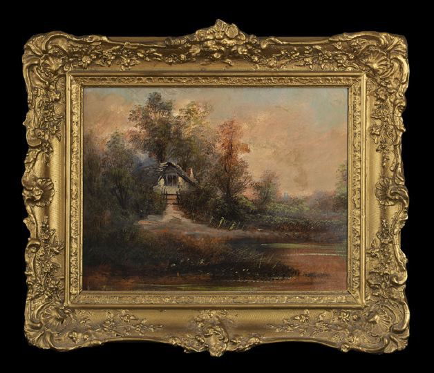 British School (Fourth Quarter 19th Century): British School (Fourth Quarter 19th Century) "Cottage in a Landscape", oil on panel, indistinctly signed lower left, 14" x 17-3/4". Presented in a period molded giltwood and plaster frame.