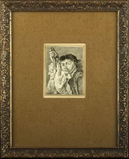 Dutch School (18th Century): Dutch School (18th Century), ink drawing on paper of a young man holding a stick and a cloaked elderly man alongside, unsigned, sheet 4-7/8" x 3-3/4". Glazed, matted and framed. Provenance: Luba Glade