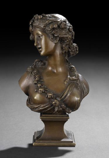 After Joseph-Charles Marin (French, 1759-1834): After Joseph-Charles Marin (French, 1759-1834) "Bust of a Young Woman", fourth quarter 19th century, a patinated bronze tabletop bust of a young woman as Flora, with a wreath and sash of roses, signed