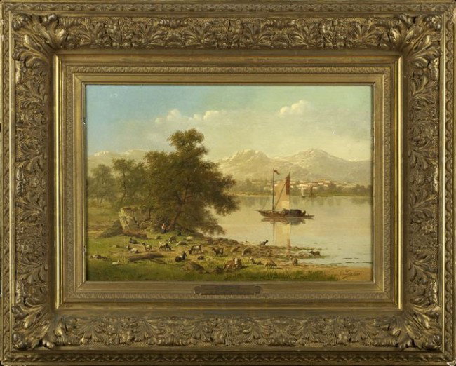 G. Lauters & F. Van Severdonck (Belgian, 19th C.): Guillaume Lauters (Belgian, 19th/20th Century) and Franz Van Severdonck (Belgian, 1809-1889) "Farmer with Sheep and Goats Resting by a Boat-Filled Lake", 1885, oil on panel, double signed lower right 