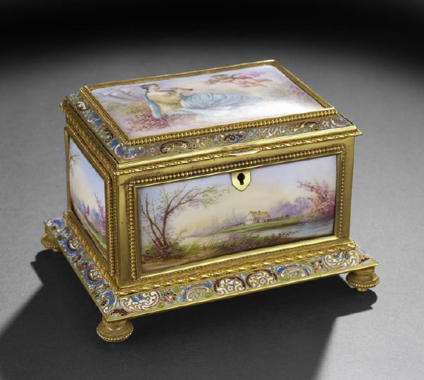 Bronze, Champleve & Enameled Porcelain Jewel Box: French Gilt-Bronze, Champleve and Enameled Porcelain Jewel Box, ca. 1900, of rectangular form, the lid set with a "Swiss"-enameled porcelain plaque of Euterpe worshipped by an adoring putto, the sides