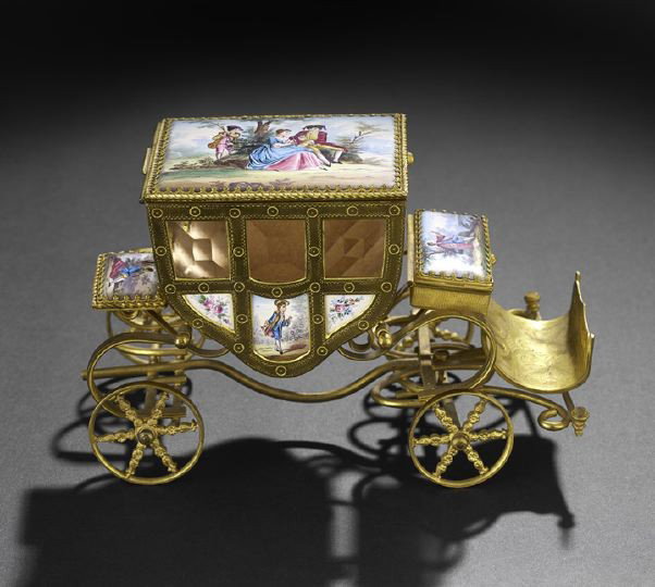 Viennese Gilt and Enamel Carriage Jewel Casket: Viennese Gilt-Metal and Enamel Carriage-Form Jewel Casket, first quarter 20th century, the seat, carriage top, door panels and splasher each set with a "Swiss"-enameled porcelain plaque of romantic co