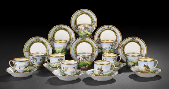 24-Piece Vista Alegre, Portugal, Coffee Service: Twenty-Four-Piece Vista Alegre, Portugal, Coffee Service, mid-20th century, in the Paris style, consisting of twelve coffee cups decorated with hunt scenes and twelve saucers with decorative borders, 