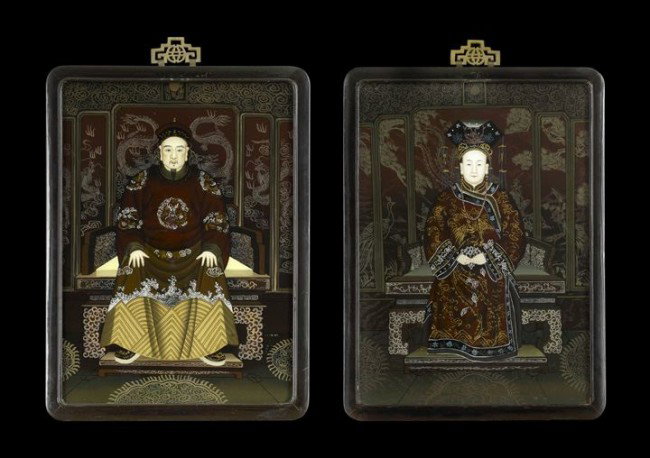 Pair of Chinese Reverse Paintings on Glass: Pair of Chinese Reverse Paintings on Glass, first half 20th century, each depicting the figure of a royal personage seated on a throne before a painted screen, the emperor clad in a dragon robe and we