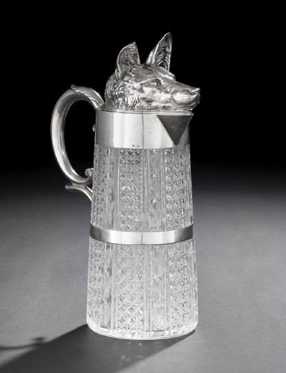 Nicholas II Silver and Cut Glass Claret Jug: Good Nicholas II 84 Zolotnik (.875) Silver and Cut Glass Claret Jug, marked Moscow, 1899-1908, by "G.L." [Cyrillic], possibly Gershi Lizerin, the glass body of slightly tapering cylindrical form cut w