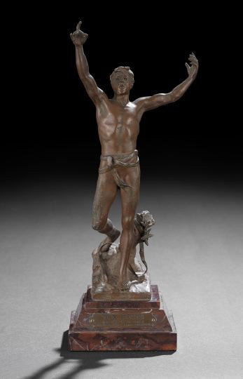 After Georges-Marie Bareau (1866-1931): After Georges-Marie Bareau (1866-1931) "Vox Pacis", first quarter 20th century, a patinated spelter figure after the 1894 model, presented on a three-quarter molded rouge royale marble plinth, the fro