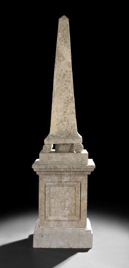 Tall Neoclassical-Style Cast-Stone Obelisk: Tall Neoclassical-Style Cast-Stone Obelisk, early 20th century, the obelisk raised on four spheres to a paneled square pedestal on a molded socle base, h. 92", w. 24", d. 24". Provenance: Thompson & H