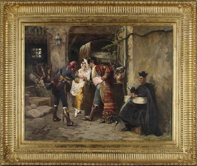 Continental School (Fourth Quarter 19th Century): Continental School (Fourth Quarter 19th Century) "Village Street Scene with a Spanish Beauty and Her Suitors", oil on canvas, signed lower left "E. Vibert", 23-3/4" x 31-1/2". Handsomely framed.