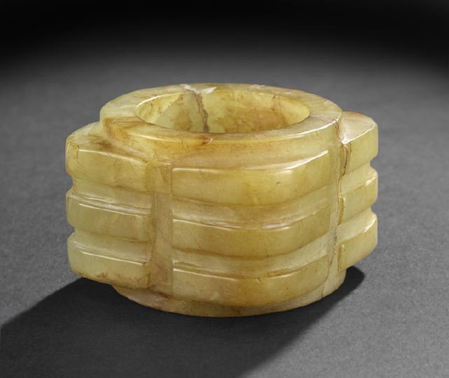 Good Chinese Nephrite Jade Gong: Good Chinese Nephrite Jade Gong, Han Dynasty (206 B.C.-220 A.D.) or later, of squared outline with rounded corners and a circular central hole, the exterior carved with three broken rows of horizontal