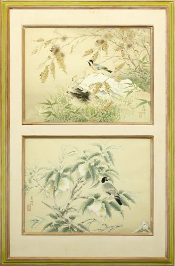 Two Japanese Prints by S. Sakakibara (1887-1971): Two Framed Japanese Prints by Shiho Sakakibara (1887-1971) "Chestnuts and Wood Cracker", no. 31/200, and "Peaches and Paradise Flycatcher", no. 24/200, printed from the original Akiho blocks in 1960, 