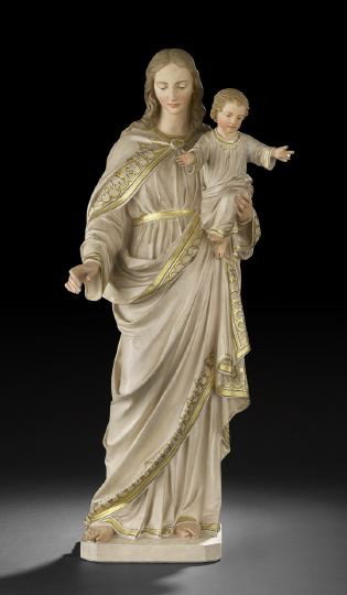 Polychromed Plaster Statue of the Virgin & Child: Large Polychromed Plaster Devotional Statue of the Virgin Mary and Christ Child, 20th century, depicting the serene Virgin standing with an outstretched right arm and holding the Christ Child with out