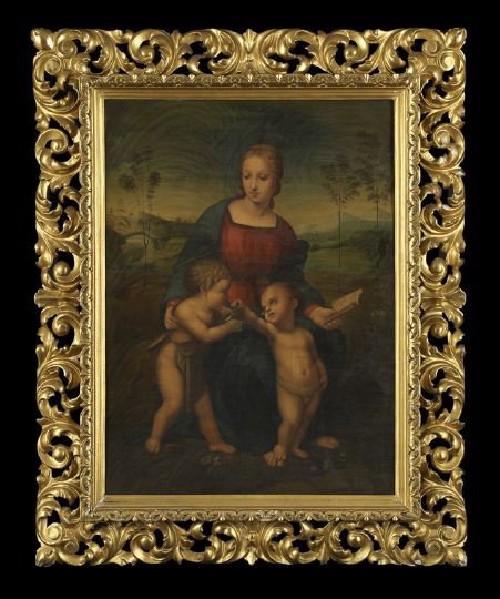 After Raphael (Italian, 1483-1520): After Raffaello Sanzio da Urbino, Called Raphael (Italian, 1483-1520) "Madonna of the Goldfinch", oil on canvas laid down on masonite, first quarter 19th century, 40-1/2" x 30". Presented in a carved 