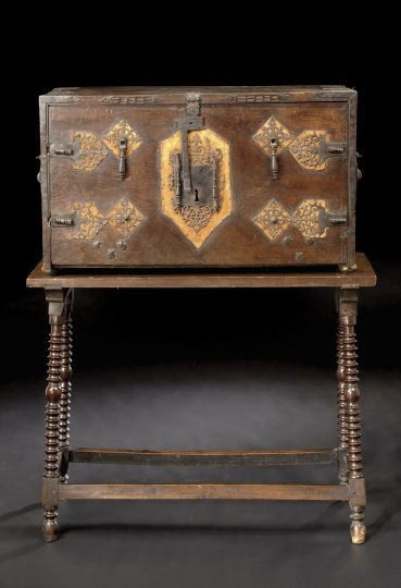 Fine Spanish Bone-Inlaid Walnut Vargueno-on-Stand: Fine Spanish Bone-Inlaid Walnut Vargueno-on-Stand, second quarter 16th century, with wrought-iron mounts, the fall front opening to reveal a carved bone-mounted and -inlaid walnut interior of nine dra
