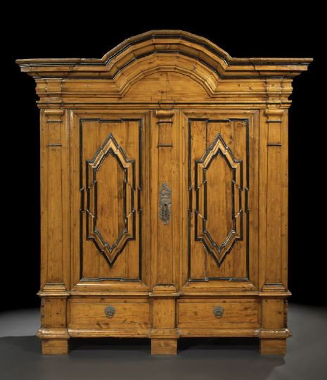 Good Danish Pine Armoire: Good Danish Pine Armoire, mid-18th century, the heavily molded cornice with a domed center section and ebonized accents, above a case fitted with two doors, each paneled and with a stepped diamond pat
