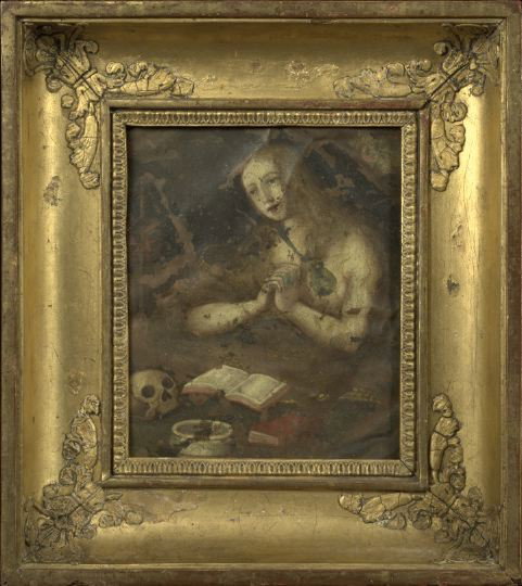 Spanish Colonial School (Late 18th Century): Spanish Colonial School (Late 18th Century) "The Penitent Magdalene", oil on copper, unsigned, 8" x 6-5/8". Presented in an attractive antique Louis-Philippe carved giltwood and plaster frame in the n