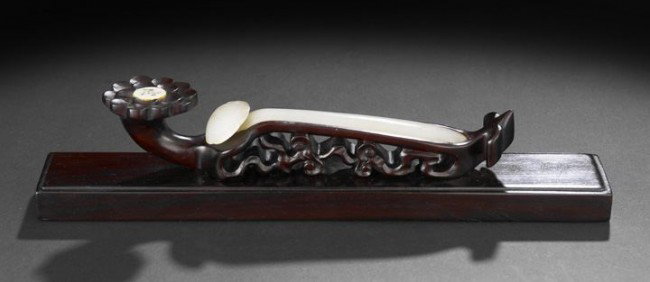 Good Chinese White Jade Lady's Hair Pin: Good Chinese White Jade Lady's Hair Pin, 19th century, of conventional shape with a ling chih-shaped head with an engraved Shou character in the center of a scrollwork border outlining the shape of th