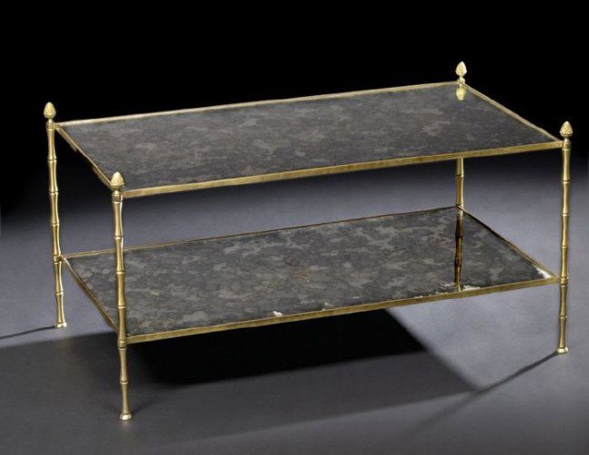 Louis XVI-Style Mirrored Glass Cocktail Table: Louis XVI-Style Gilt-Metal and Smoked Mirrored Glass Cocktail Table, the inset rectangular mirrored glass plate with corner acorn finials and joined to a like lower shelf by turned and shaped supports