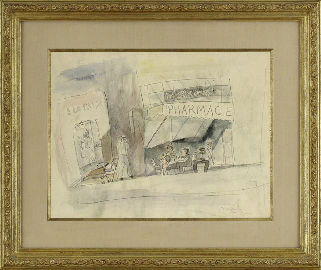 Jules Pascin (French, 1885-1930): Jules Pascin (French, 1885-1930) "La Pharmacie", ink and watercolor on paper, pencil signed lower right "Pascin", stamped lower right "Atelier Pascin", verso of sheet stamped "Succession Pascin Le Com