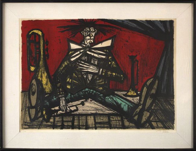 Bernard Buffet (French, 1928-1999): Bernard Buffet (French, 1928-1999) "The Musician", color lithograph, signed lower right "Bernard Buffet", numbered lower left "92/120", sight 28" x 39". Glazed, handsomely matted and framed. Provenanc