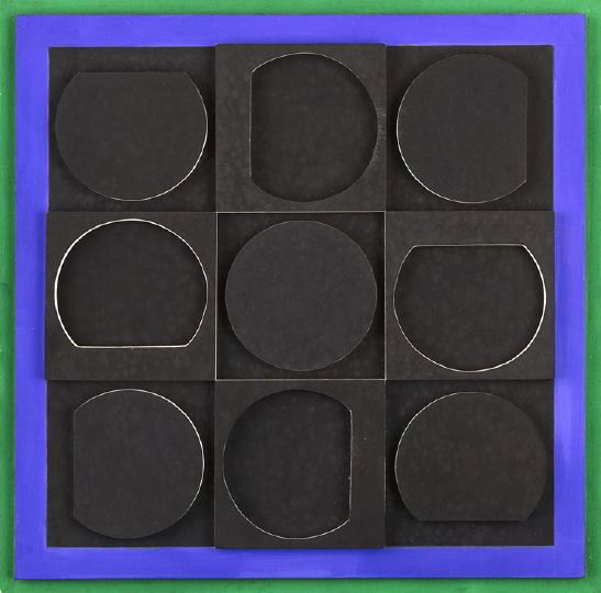 Victor Vasarely (French/Hungarian, 1906-1997): Victor Vasarely (French/Hungarian, 1906-1997) "Eclipse Positif", 1967, acrylic on wood relief, signed and numbered "V" on Editions Denise Rene, Paris, gallery label on the reverse, published by Editio