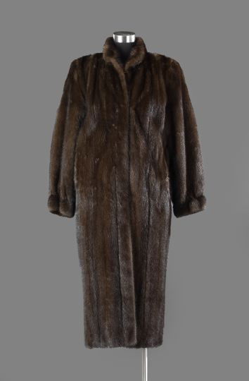 Chocolate Brown Ankle-Length Mink Coat: Chocolate Brown Ankle-Length Mink Coat, having a low banded collar, sleeves gathered at the wrist and banded, hook front closure, with two inseam pockets and one interior buttoned breast pocket, size