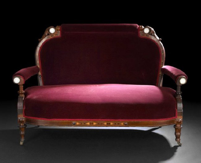 American Marquetry Inlaid Rosewood Settee: American Porcelain-Mounted and Marquetry Inlaid Rosewood Settee, third quarter 19th century, New York, the top rail with an upholstered roll flanked by pale blue and white bisque plaques and foliate c