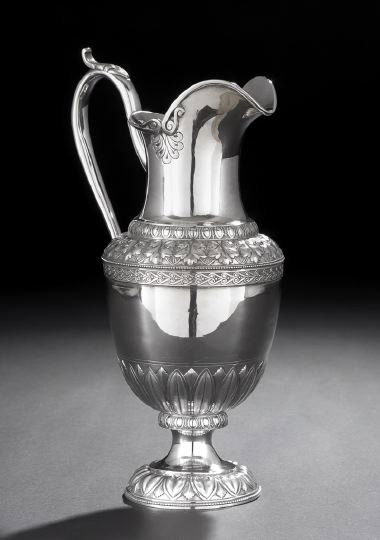 Nineteenth-Century American Sterling Silver Ewer: Nineteenth-Century American Sterling Silver Ewer, 1859, by Gale & Willis, New York City, New York, in the neoclassical taste, the ovoid body decorated with a band of well-chased acanthus and palmettes