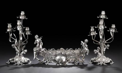 Three-Piece German .800 Silver Table Garniture: Good Three-Piece German .800 Silver Jugendstil Table Garniture, ca. 1900, by M. H. Wilkens, Bremen, from an 1899-1901 design, probably by Georg Fichtler, retailed by J. H. Werner, Berlin, including a