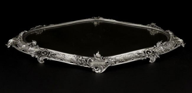 Good German .800 Silver Jugendstil Plateau: Good German .800 Silver Jugendstil Plateau, ca. 1899, by M. H. Wilkens, Bremen, from an 1899 design, probably by Georg Fichtler, retailed by J. H. Werner, Berlin, of rounded lozenge form, the cast sil